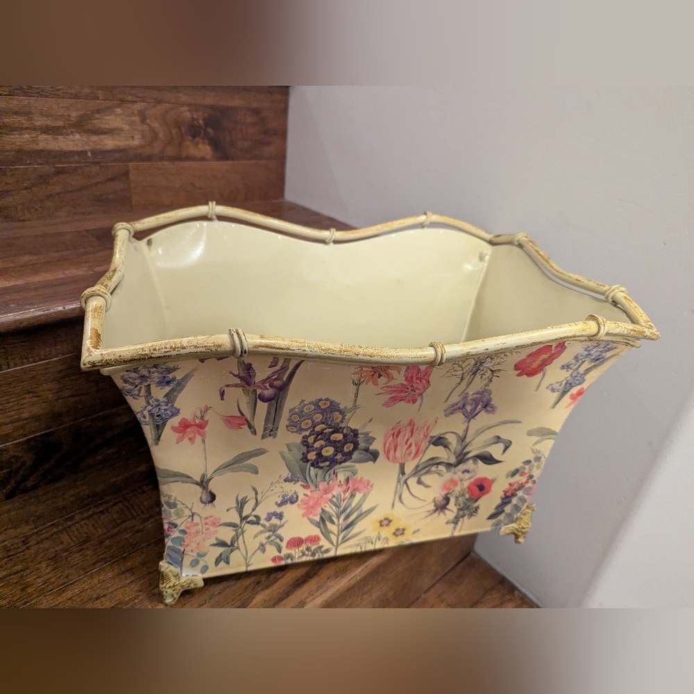 Vintage French Versailles Footed Tole Brass Container Floral storage Bin Planter